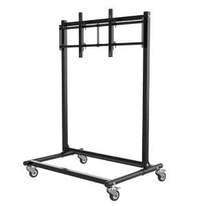 Mobile dual-post single-screen display stand with lockable casters, compatible with 55 to 86 inch monitors.