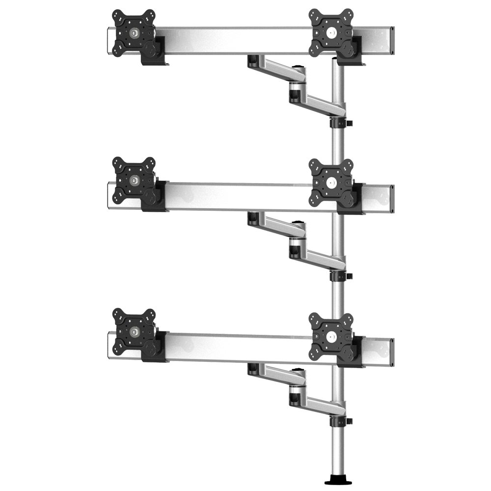 Six Monitors 3 row Dual Swivel Arm, with Cross Bar and 7-in-1 Base Pole Mount